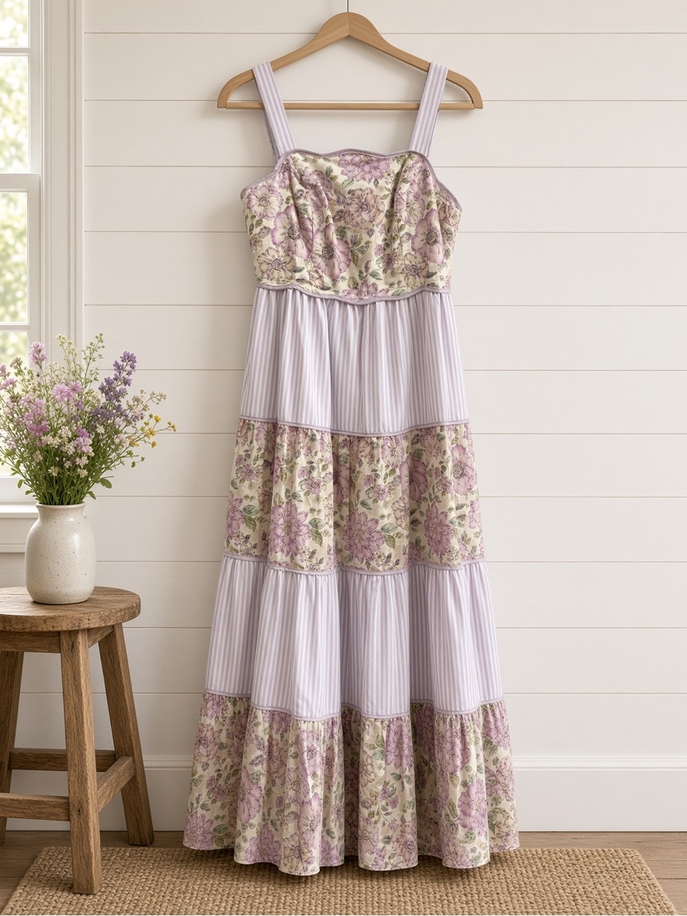 Dreamy Ideal Florals And Stripes Tiered Midi Dress Large